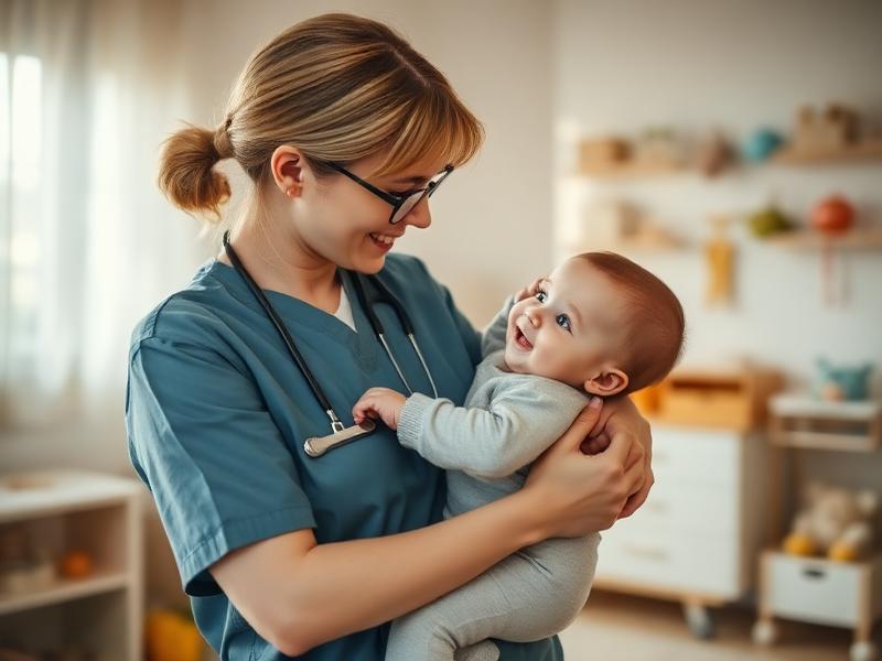 Caregiver holding a smiling infant in a bright nursery