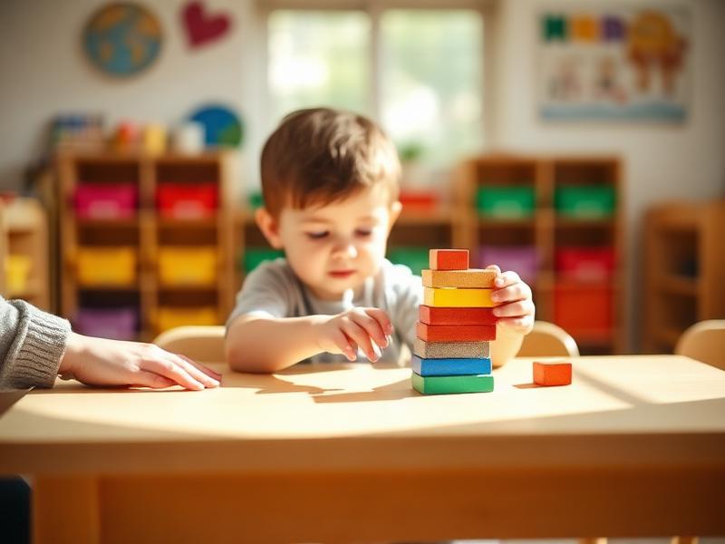 Toddler stacking colorful wooden blocks at a classroom table
